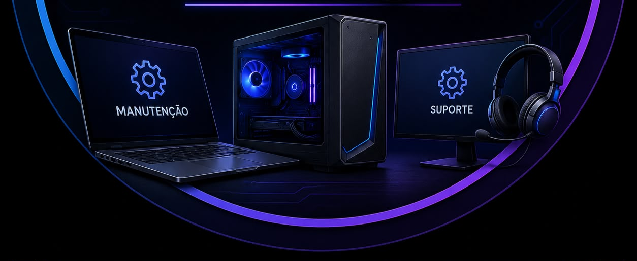 Notebook, computador e monitor representando manutenção e suporte técnico da LG Expert Tech